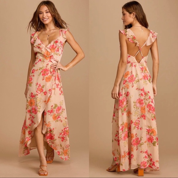 Lulus Dresses & Skirts - Dreamy Beige and Pink Floral Ruffle Wrap Maxi Dress 🌿